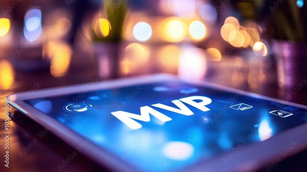 Aufkleber closeup of mvp displayed boldly on a tablet highlighting startup and professional themes