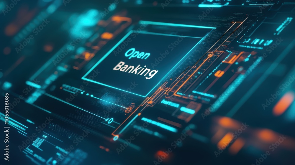 Poster closeup view of open banking interface on a tablet featuring interactive bank icons and features
