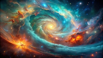 Obraz premium Celestial Tapestry of swirling gas and dust, punctuated by vibrant stars, a cosmic dance of creation and destruction.