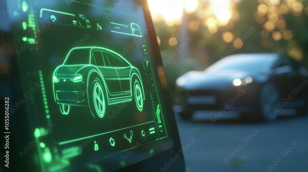 Poster innovative ev electric vehicle displayed on tablet with dynamic car icons and data visualizations
