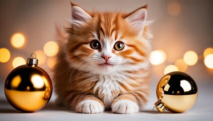 fluffy orange and white kitten between two shiny gold Christmas ornaments. Christmas greeting card background