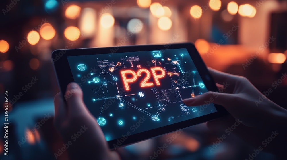 Poster hands holding a tablet showcasing a peer-to-peer network concept for modern connectivity