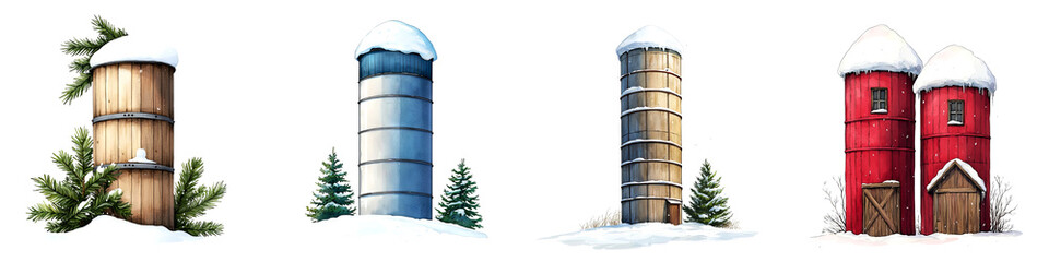 Four colorful silos with snow and pine trees, white isolate background.