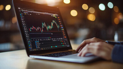 A person is using a laptop to look at a stock market graph. The graph is showing a downward trend, which may indicate a potential loss for investors. The person appears to be focused on the graph