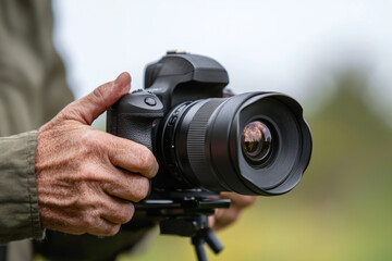 A photographer holds a camera with a large lens outdoors on a cloudy day ready to capture nature's beauty