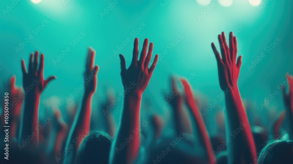 Poster close up shot of a crowd with hands raised high as they dance and sway to the rhythm of a lively mus