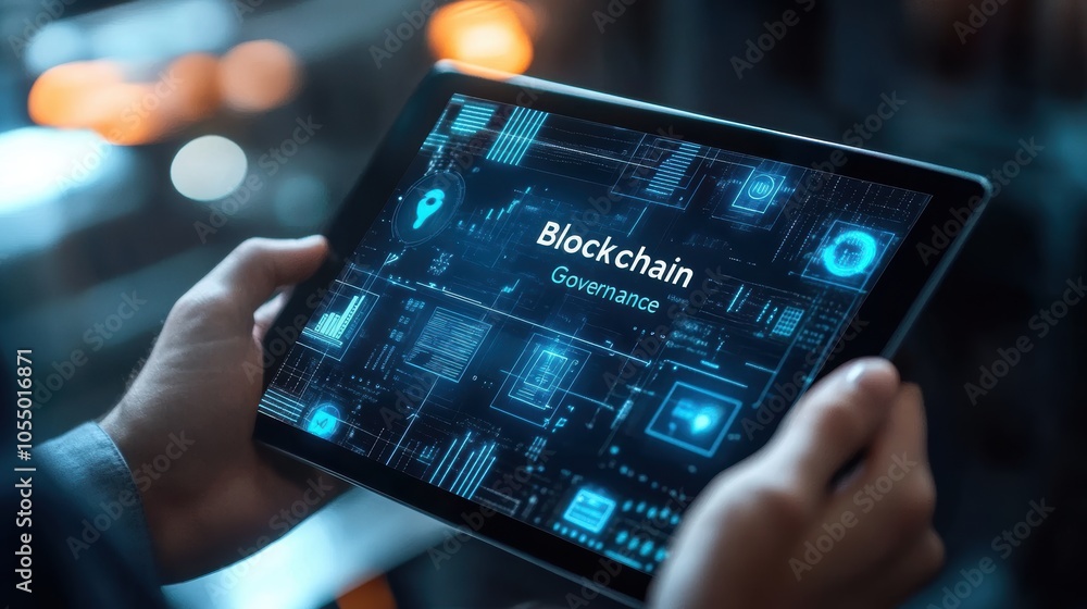 Poster innovative hands holding a tablet displaying blockchain governance for the future of technology