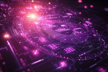 Abstract digital technology background with glowing purple and pink circles and lines.