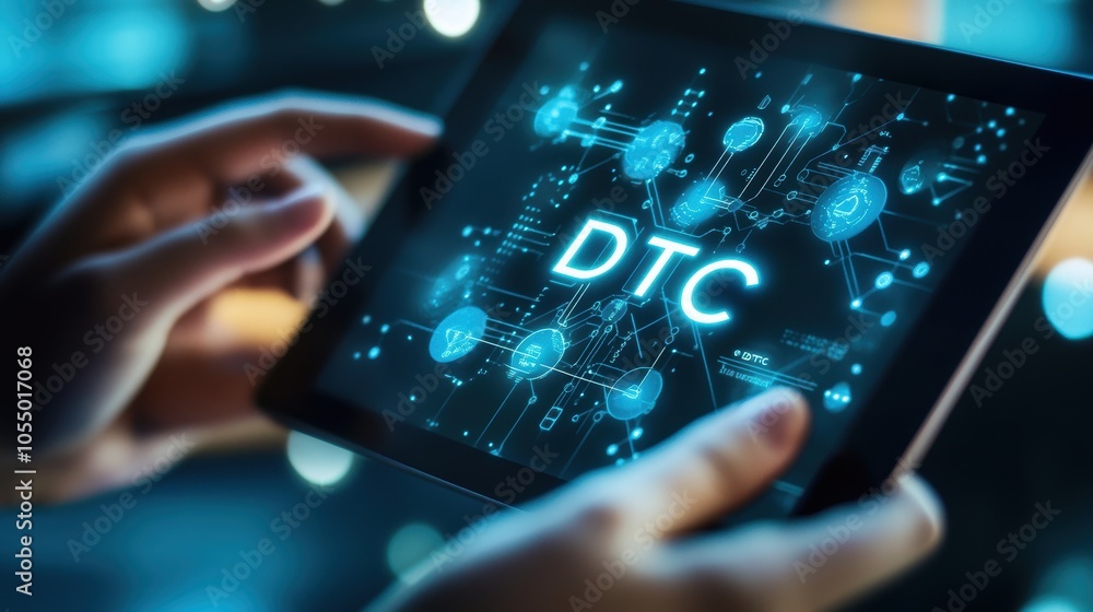 Poster hands holding a tablet displaying dtc with retail and digital transformation concepts