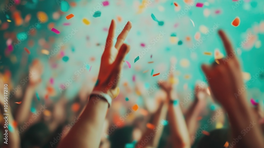 Poster vibrant scene of a lively filled with cascading confetti and dancing figures creating an energetic a