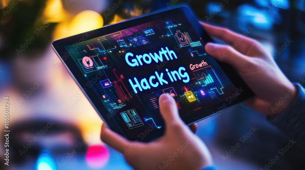 Poster innovative hands holding tablet displaying growth hacking in bold with digital elements