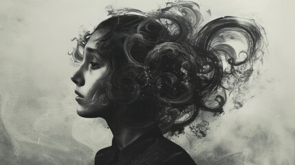 Fototapeta premium Woman With Abstract Hair Artistic Portrait Black and White Monochrome Female Face Head Swirls Curls