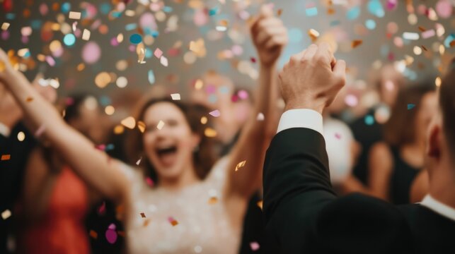 Lively party scene with a crowd of people dancing and cheering as colorful confetti falls from the ceiling creating a festive and celebratory atmosphere at an event or festival