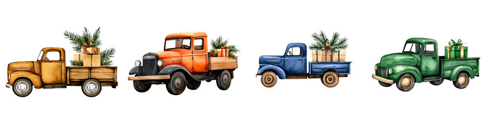 Vintage trucks with plants, white isolate background