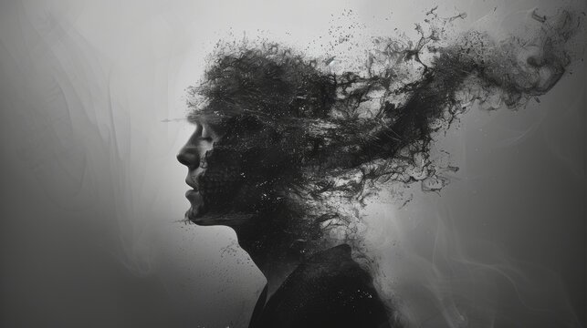 Abstract Man Silhouette Disintegrating Into Smoke and Dust