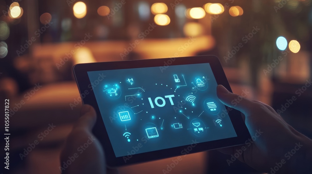 Poster exploring the future hands on tablet displaying iot connected device icons for smart living solution