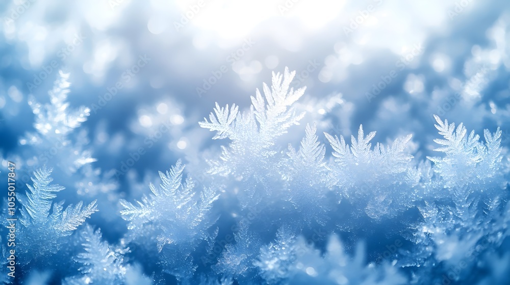 Poster close-up of delicate ice crystals shimmering in soft blue light, creating a serene winter atmosphere