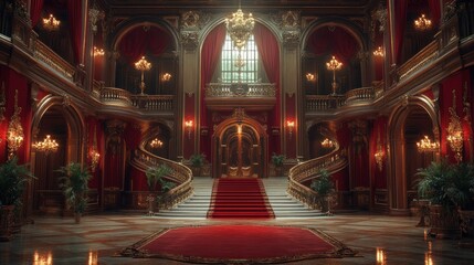 Fototapeta premium Grand Staircase in a Gilded Mansion with Red Carpets and Chandeliers