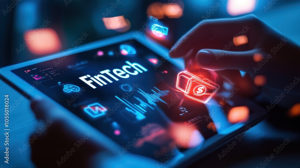 Poster exploring fintech innovations engaging hands on tablet surrounded by modern graphics and data visual