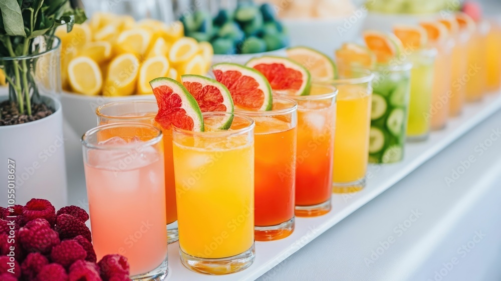 Poster vibrant mocktail station with fresh citrus fruits berries syrups and sparkling water displayed on a 