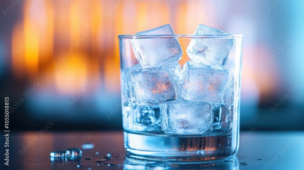 Poster close up view of ice cubes being dropped into a transparent cocktail glass creating a splash effect 