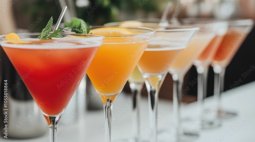 Poster assortment of brightly colored cocktail glasses arranged in a display at a bar or cocktail making st