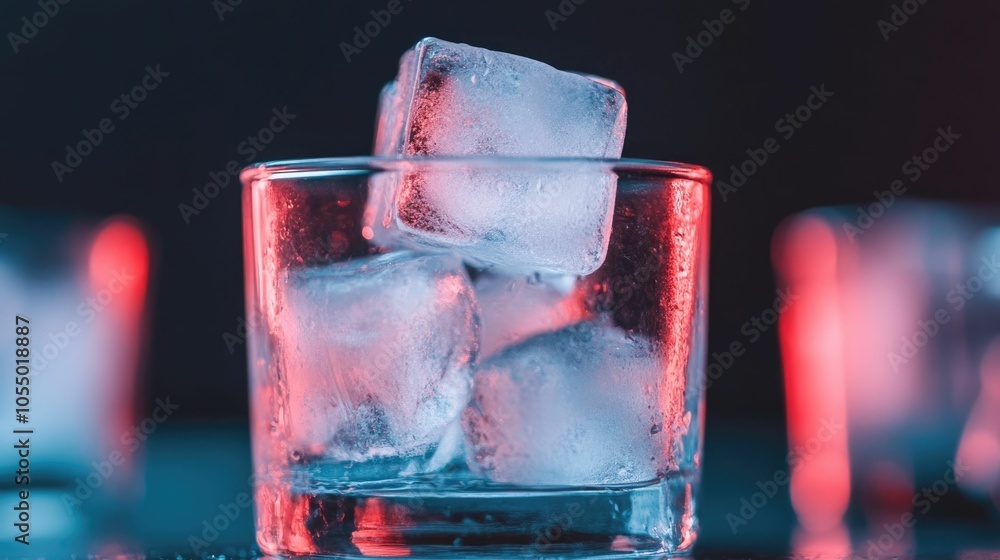 Poster close up shot of ice cubes being dropped into a glass on a cocktail making station with a deep depth