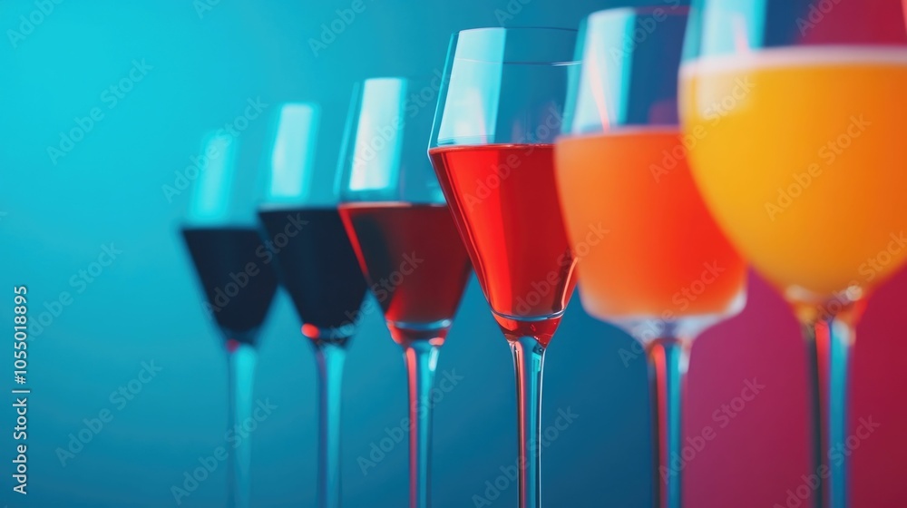 Poster colorful array of various cocktail glasses elegantly displayed on a bar or serving station ready for