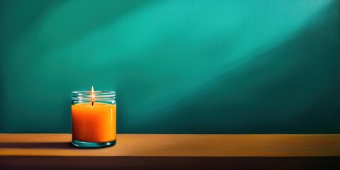 A vibrant orange candle sits on a wooden shelf against a soothing teal background.