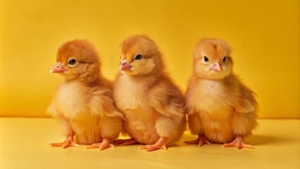 Fototapeta premium Three fluffy yellow chicks stand in a row on a yellow background.