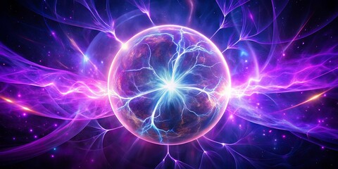 A swirling sphere of energy, pulsing with electric light, surrounded by a galactic nebula of vibrant purple and blue hues.
