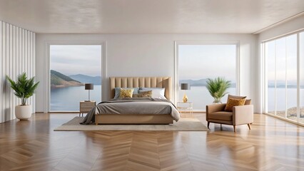 Modern bedroom with large windows overlooking ocean.