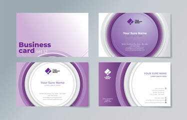 Set of business card templates with illustration of a purple circle in the center on a purple and white background