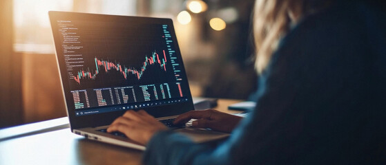A woman is using a laptop to analyze stock market data. She is focused on the screen, possibly making decisions about her investments