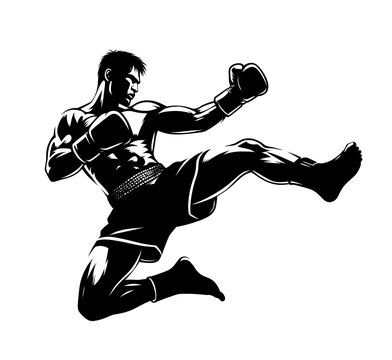 Black and white isolated vector illustration of a Muay Thai boxer doing a jumping kick on a white background.