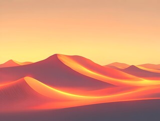 A stunning landscape of rolling sand dunes bathed in warm golden hues at sunset, creating a serene and tranquil atmosphere.