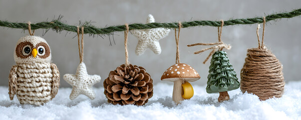 Nordic Style Christmas Ornaments with Natural Pinecones, Yarn Crafts, and Snowy Background Wallpaper Banner with Cute Owl, DIY Xmas Decoration