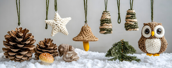 Rustic Christmas Decorations in Natural Nordic Style with Pinecones, Handmade Ornaments, and Snow, Background Wallpaper Banner 