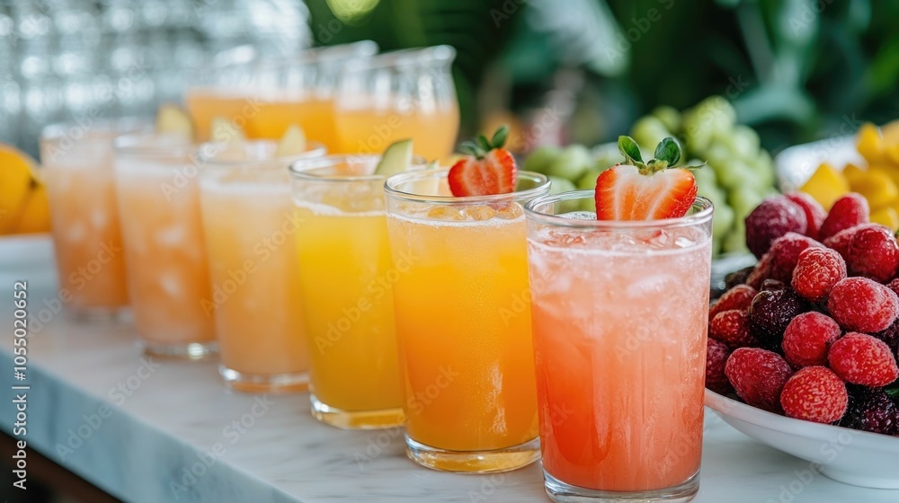 Poster mocktail station with a variety of fresh juice options sparkling water and colorful fruit garnishes 