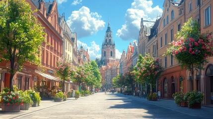 Fototapeta premium A Sunny Street in a European City with a Tall Tower in the Background