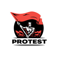 Protest man. People protest with a flag and a fist