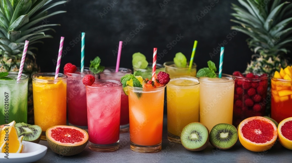 Poster colorful and refreshing mocktail station with an array of tropical fruits vibrant straws and a deep 