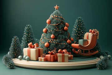 Christmas tree next to sleigh filled with gifts, whimsical scene featuring Santa's sleigh positioned next to a cartoonish Christmas tree