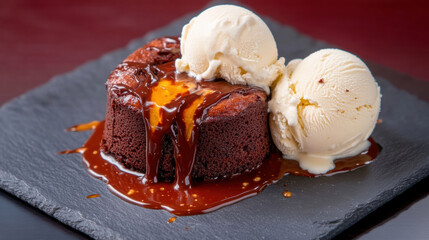 Decadent chocolate lava cake with molten filling and vanilla ice cream