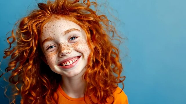 A young girl with bright red hair and freckles smiles happily against a blue background