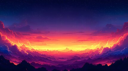 Naklejka premium A breathtaking sunset over rolling mountains, featuring vibrant shades of orange, pink, and purple, illuminating the sky and creating a tranquil, dreamlike atmosphere.