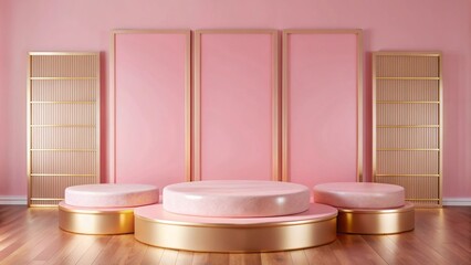 Minimalist pink and gold podium with wooden panels on pink wall for product display.