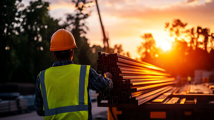 Worker in hard hat and vest overseeing steel beams at sunset