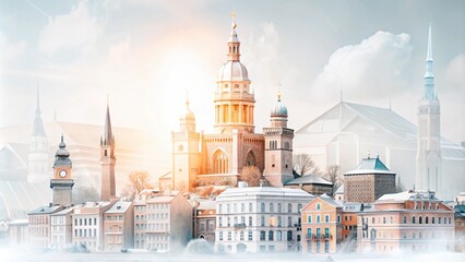 Fototapeta premium A snowy cityscape with a church and tall spires in the background.