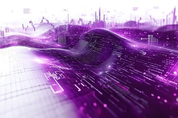 Abstract digital wave with code and data flowing over a grid background.